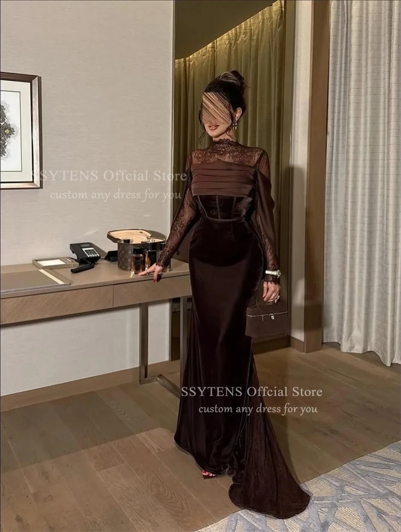 SSYTENS Brown Velour Evening Dresses Saudi Lace Mermaid Wedding Party Gowns for Women Long Sleeves Customized Formal Party Gown