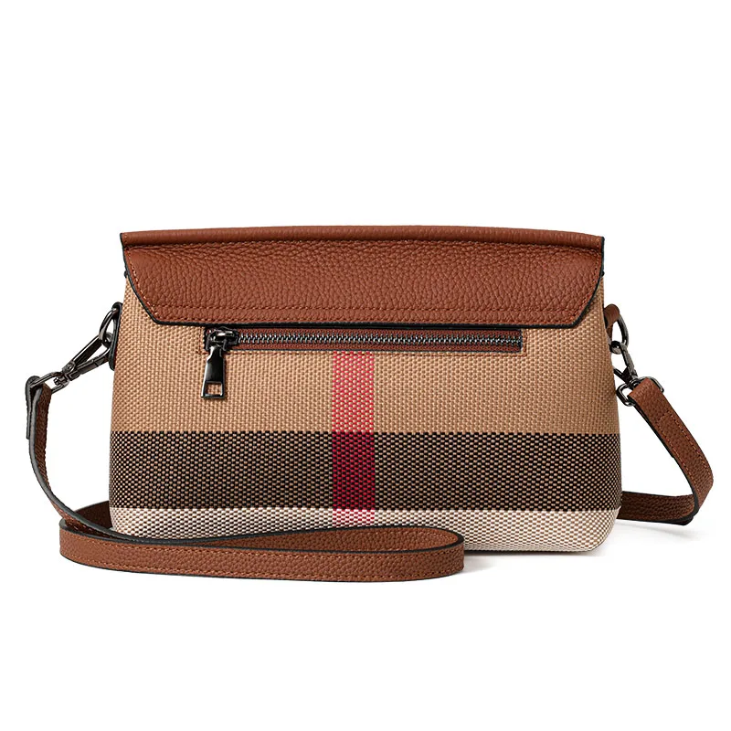 Aidrani Women Spliced Canvas Cowhide Crossbody Purse, Plaid Pattern Adjustable Shoulder Bag, Casual Handbag for Daily Outdoor