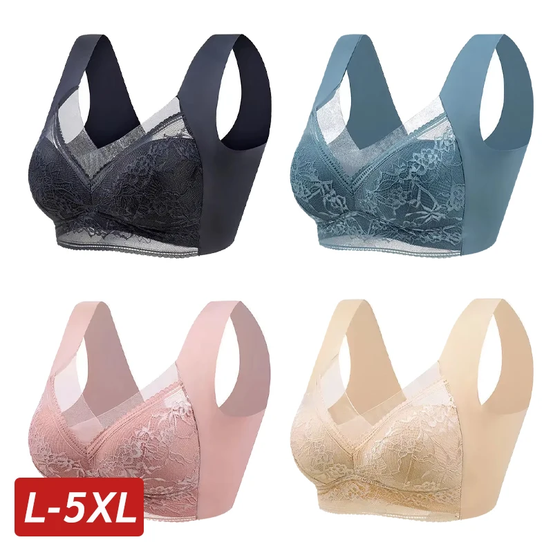 L-5XL sujetador grande para mujer, Push Up de seda helada, Bralette superior sin costuras, sujetadores de encaje inalámbricos para verano, Top de talla grande, lencería, ropa interior 15019