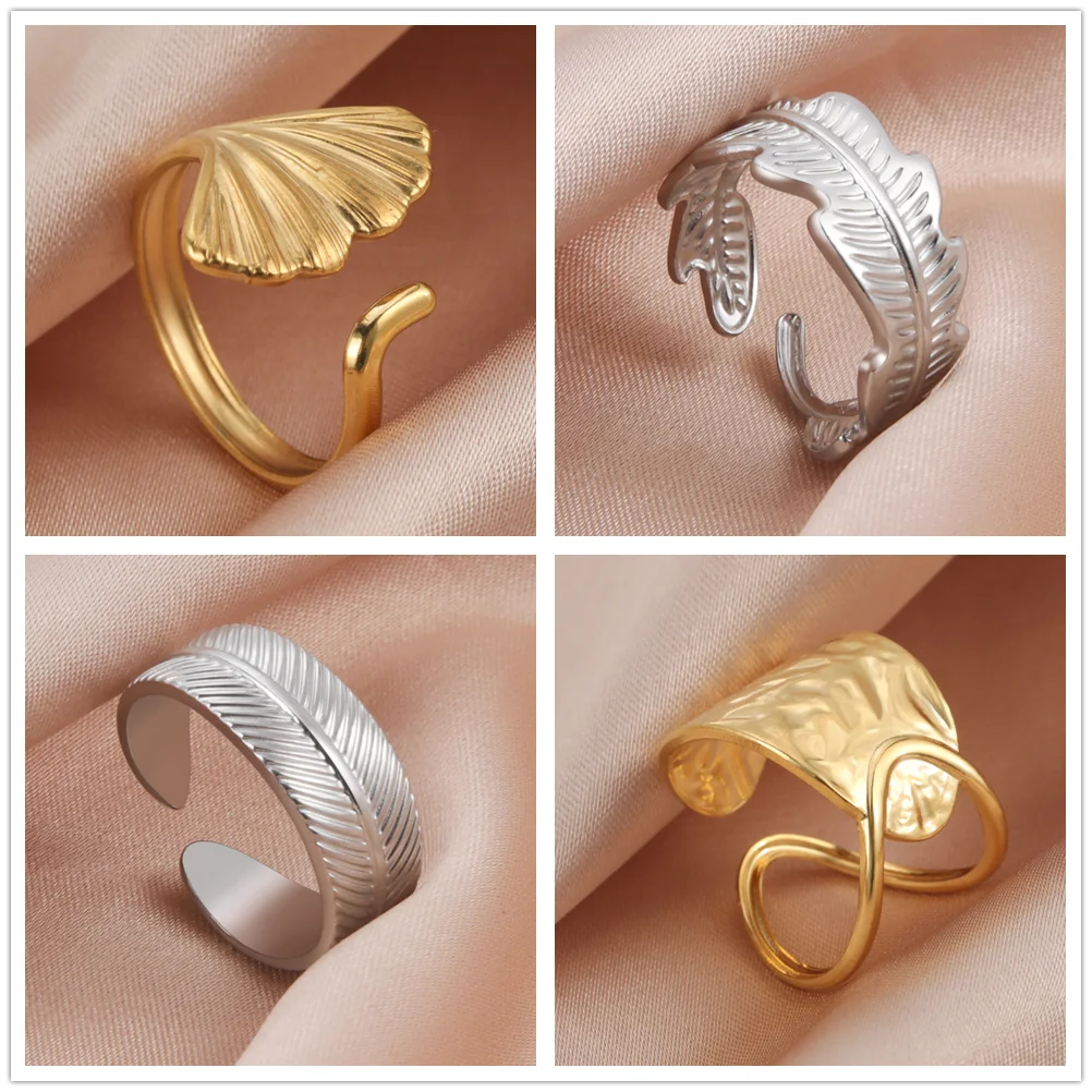 Cazador Ginkgo Leaves Rings for Women Open Geometric Ring Adjustable Stainless Steel Jewelry Mother Days Day Gift Wholesale New