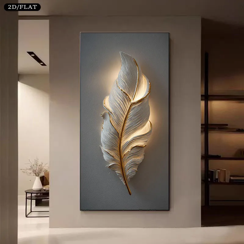 Modern Minimalist Illuminated Feather Wall Art - Canvas Feather  Suitable for Living Room, Bedroom, Christmas Decor - Neutral F