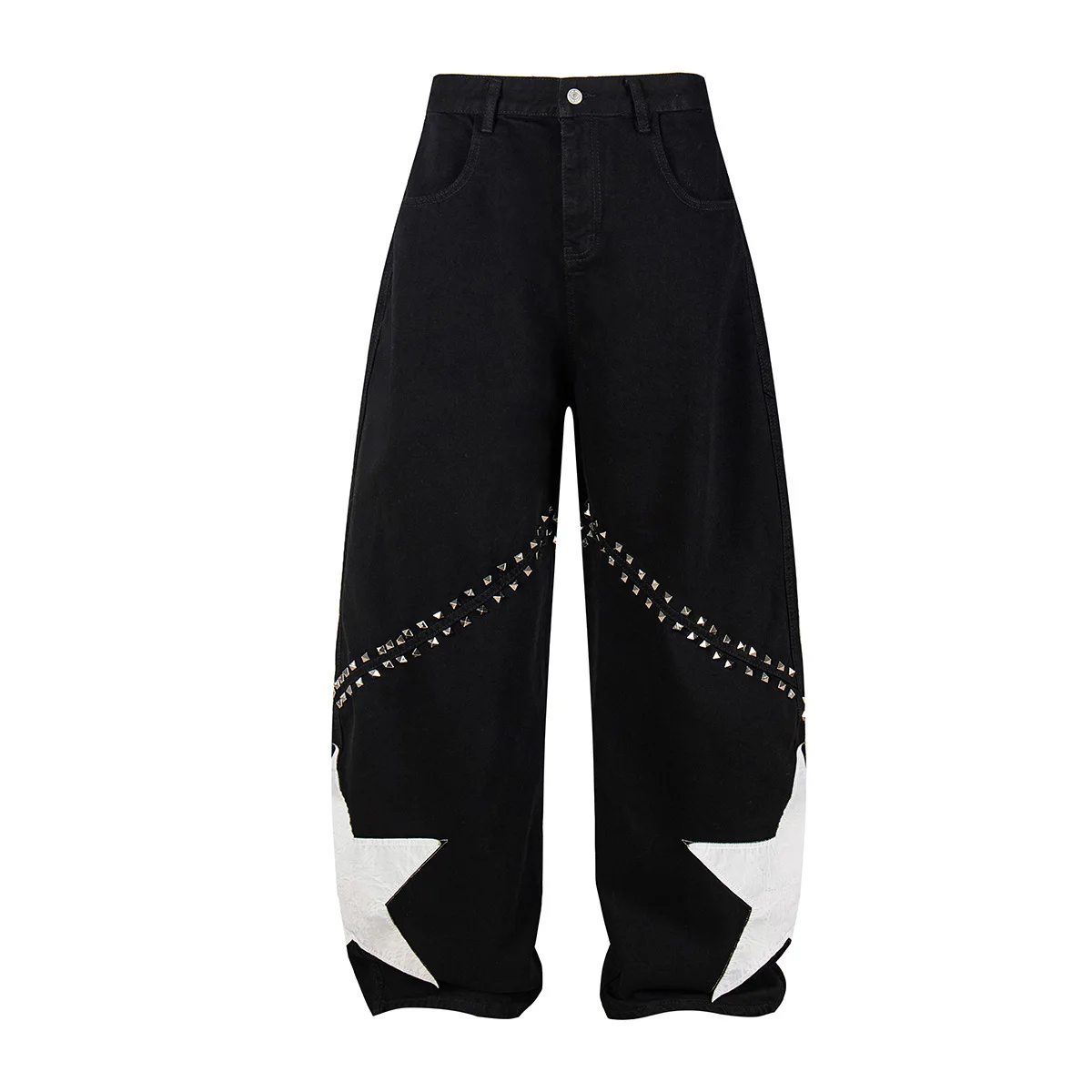 Trendy Wide Leg Jeans Pants With Star Print High Street Loose Fit Vibe Style Hip Hop Denim Trousers With Studs Accent Jeans
