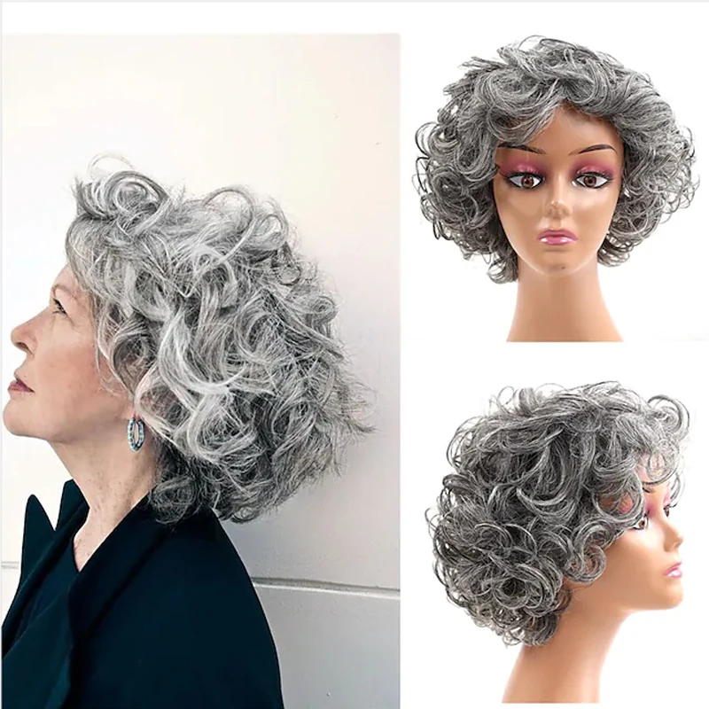 HAIRJOY Synthetic Hair Mix Color for Women Heat Resistant Fiber Daily Short Curly Wigs Gray Fluffy Layered with Bangs