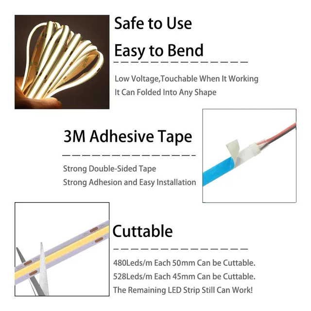 COB LED Strip Light High Density Linear Lighting 480/528Leds/m Flexible Tape Warm Natural White Red Blue Green Decor DC12/24V 2 COB LED Strip Light High Density Linear Lighting 480/528Leds/m Flexible Tape Warm Natural White Red Blue Green Decor DC12/24V 2