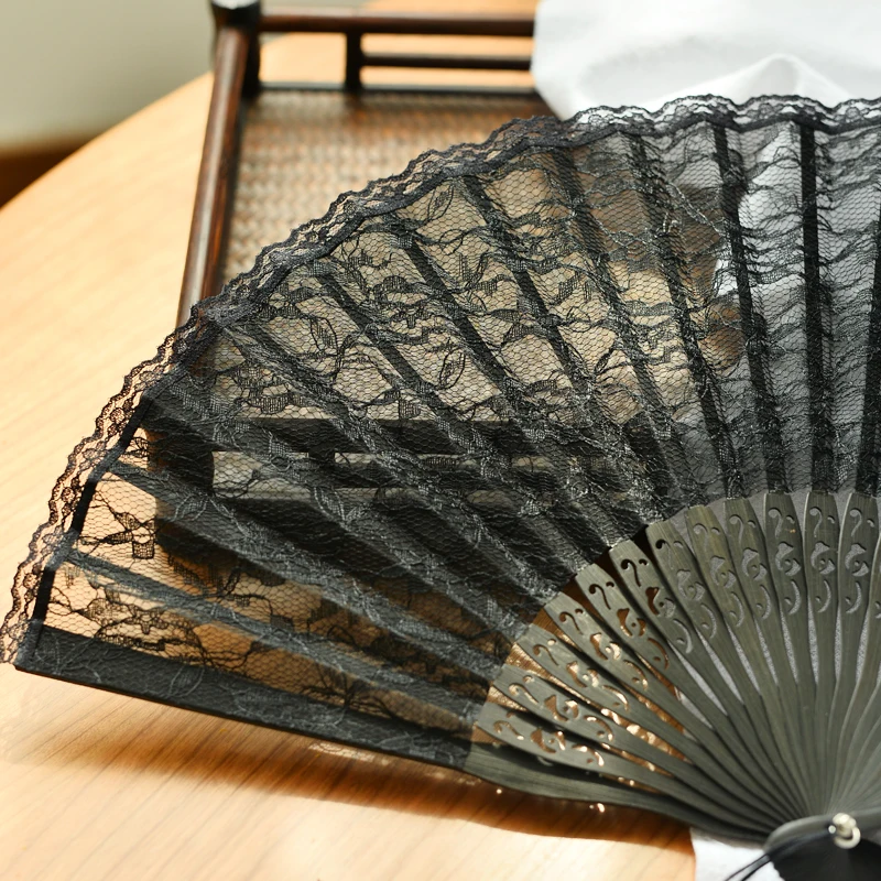 Double black lace sexy folding fan cheongsam fan Republic wind dance Hanfu catwalk hollow women's carry-on