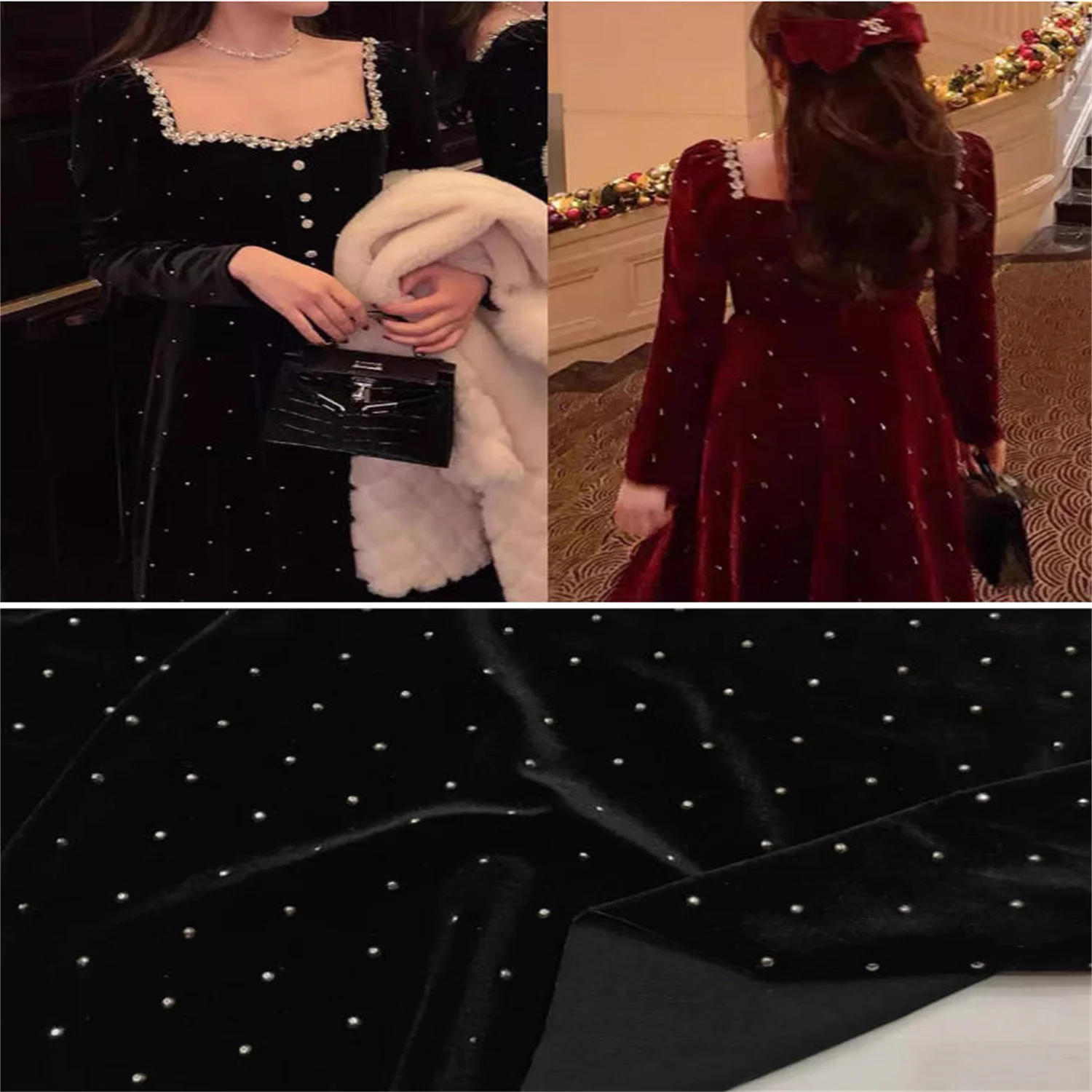 

Черная бархатная ткань с золотыми стразами, модная и высококачественная вертикальная ткань для осени и зимы.