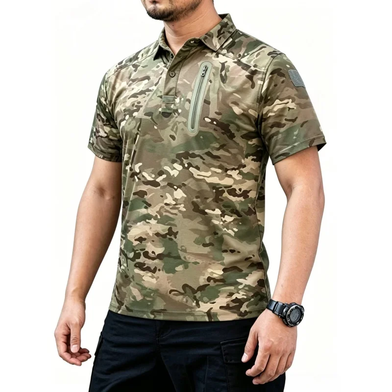Outdoor Tactical Polo Shirt for Men, Elastic Quick Dry Moisture Wicking Short Sleeve Tee, Breathable Workout Training T-Shirt