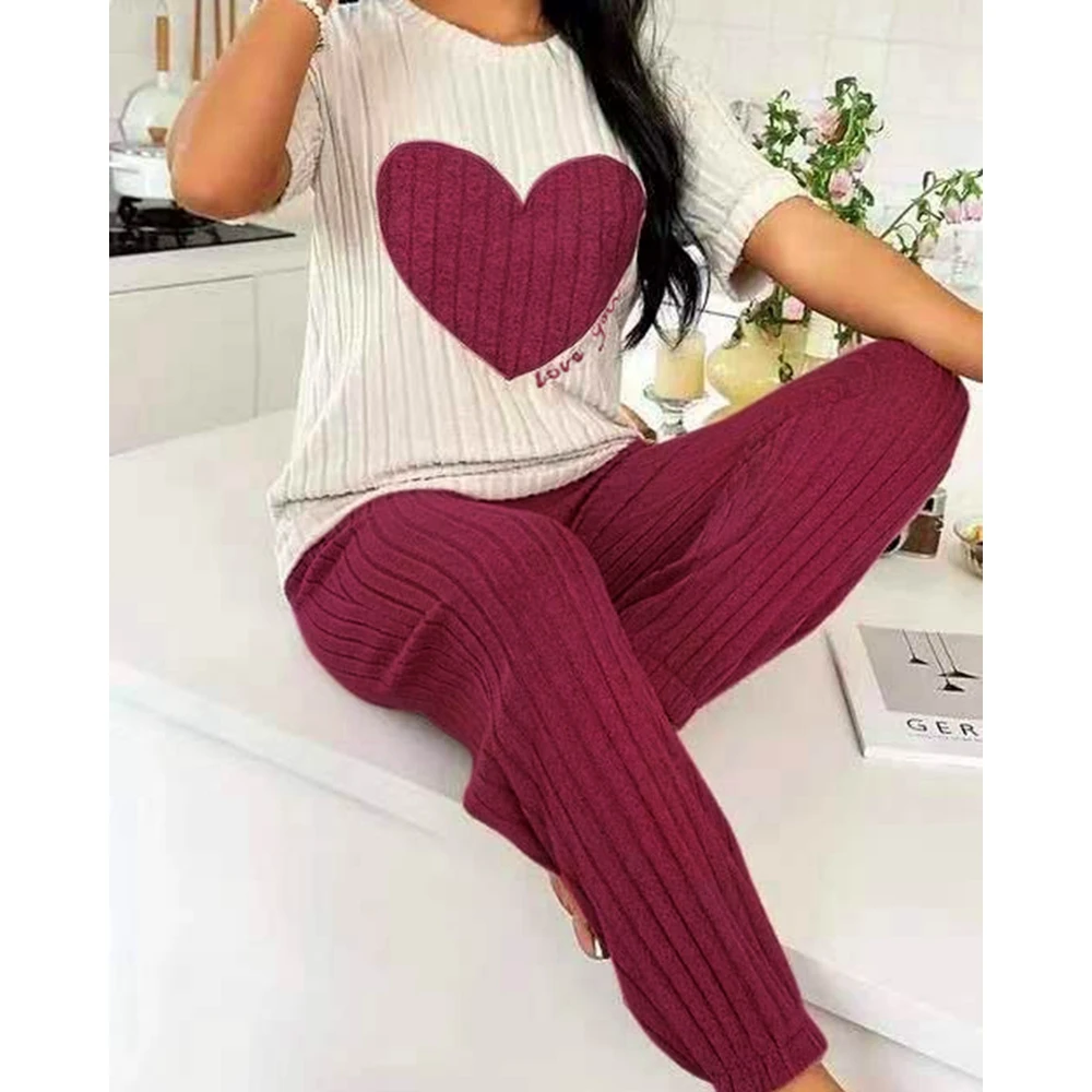 Women's Short Sleeve Heart Pattern Top and Skinny Pants Set Elegant Winter Outfits Female 2 Piece Suit Sets