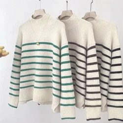 Women's Casual Oversized Striped Pattern Mock Neck Drop Shoulder Loose Simple Sweater for Autumn/Winter