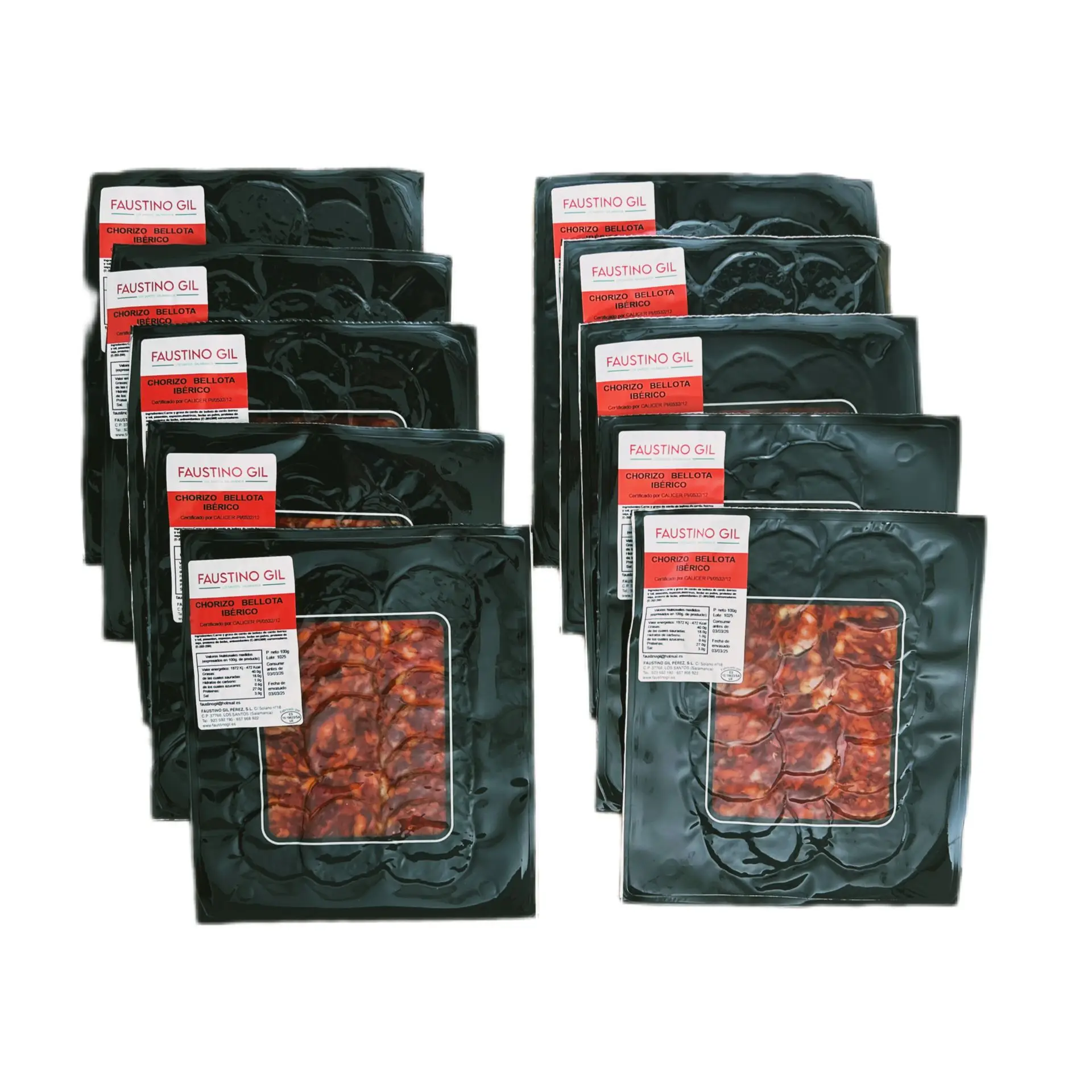 CHORIZO IBERICO BELLOTA - 10 Sobres de 100g - Elaboración tradicional - Productos Ibéricos Faustino Gil -