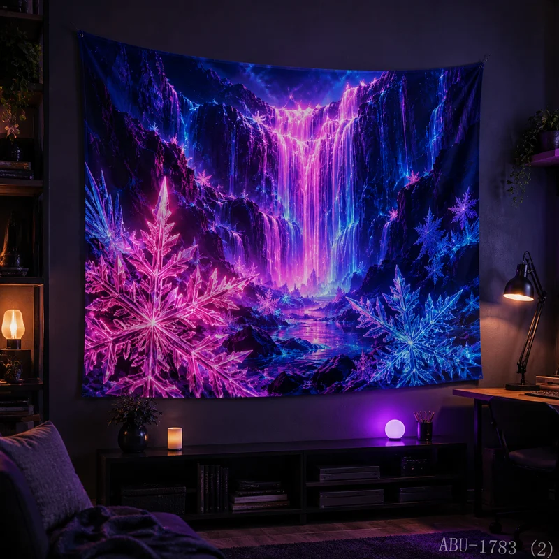 VIKAMA Neon Purple Green Snowflake Pattern Black Minimalist Glow Repeat Arrangement Simple Christmas Tapestry Wall Hanging Soft