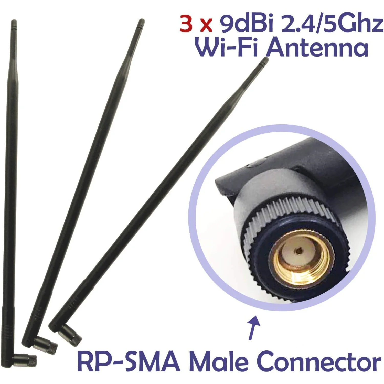 3 WiFi 9dBi Dual Band Omni Directional Antenna 2.4Ghz/5Ghz with RP-SMA Male Connector for Wireless Wi-Fi Router and Network Devi