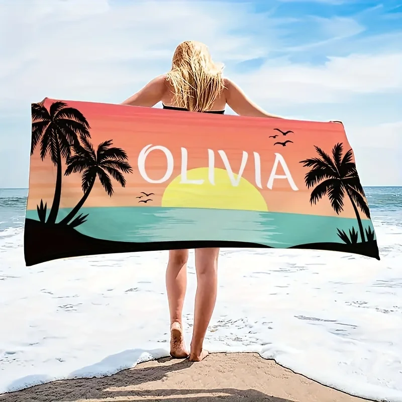 Beach Towel With Coconut Tree Ocean Landscape Design, Customized With Name, Quick-drying And Absorbent, Suitable For Beach