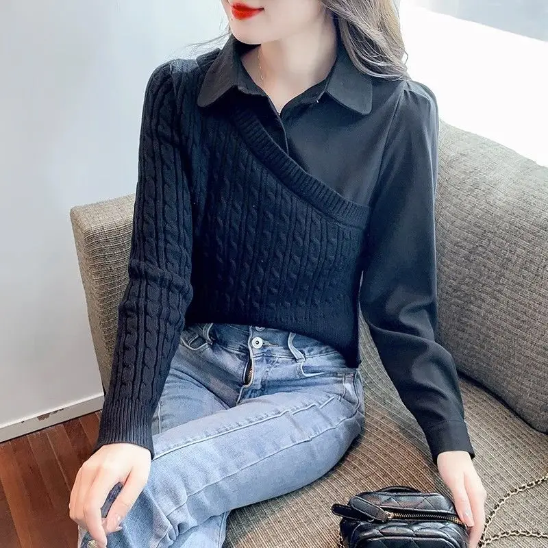 Autumn Women\'s 2024 New Spliced Polo Collar Button Screw Thread Fashion Solid Color Slim Knit Fake Two-piece Long Sleeved Shirt