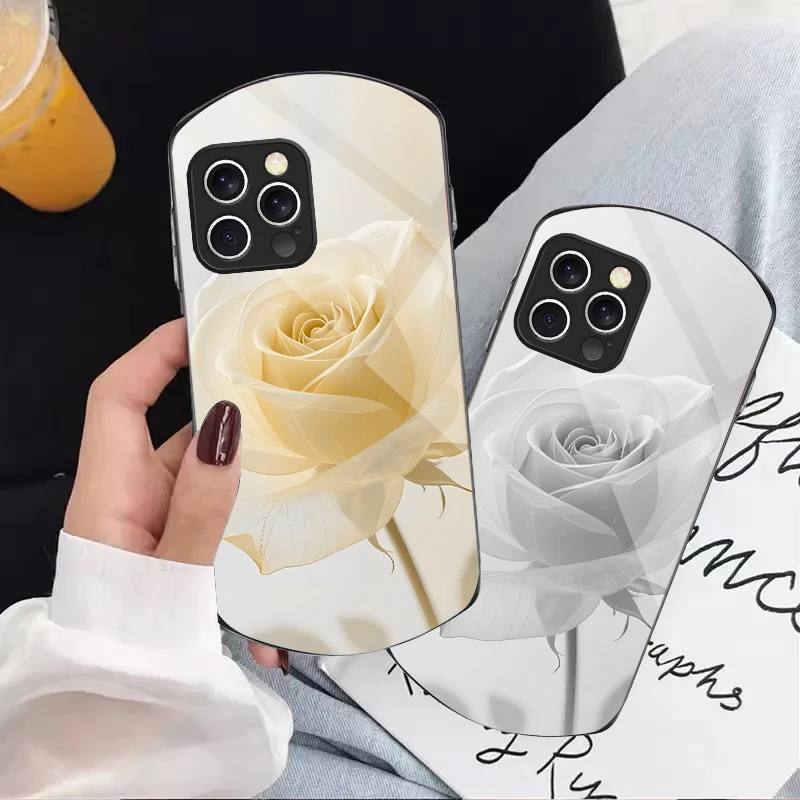 

Blue and white rose petals For iPhone 16 15 14 13 Plus 12 mini 11 Pro Max XR Xs X 7 8 6 6S Elliptical Tempered Glass Phone Case