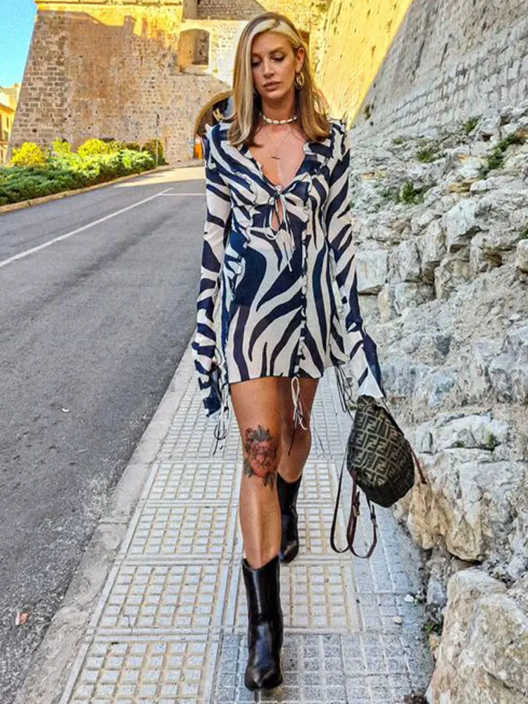 2024 Sexy See-through Strip Ruffle Mesh Beach Mini Dresses Women Summer Spice Girls Style Elegant Long Sleeve Party Dress A2364