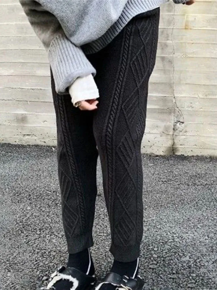 Casual Knitted Harem Pants High Waist Womens Thick Ankle-length Sweatpants Korean Knit Stretch Jogger Trousers 2024 Winter Warm