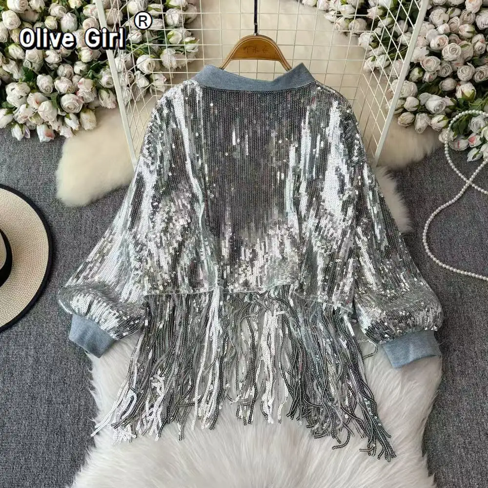 Olivegirl Europese American Sequined Tassel Coat Tops Dance Show Party Medium Loose Jacket High Street Women Clothing