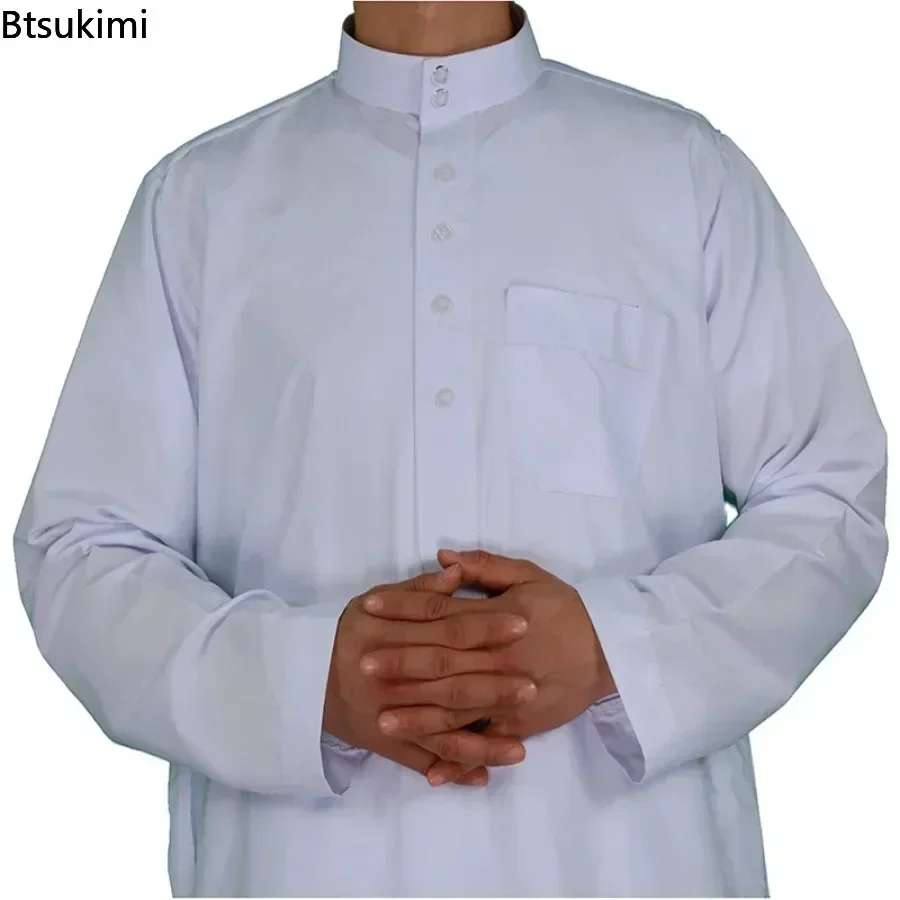 2025 Men's Muslim Fashion Long Sleeve Abayas Saudi Arabic Solid Color Loose Kaftan Modest Robe Men Musulman Costumes Jubba Thobe