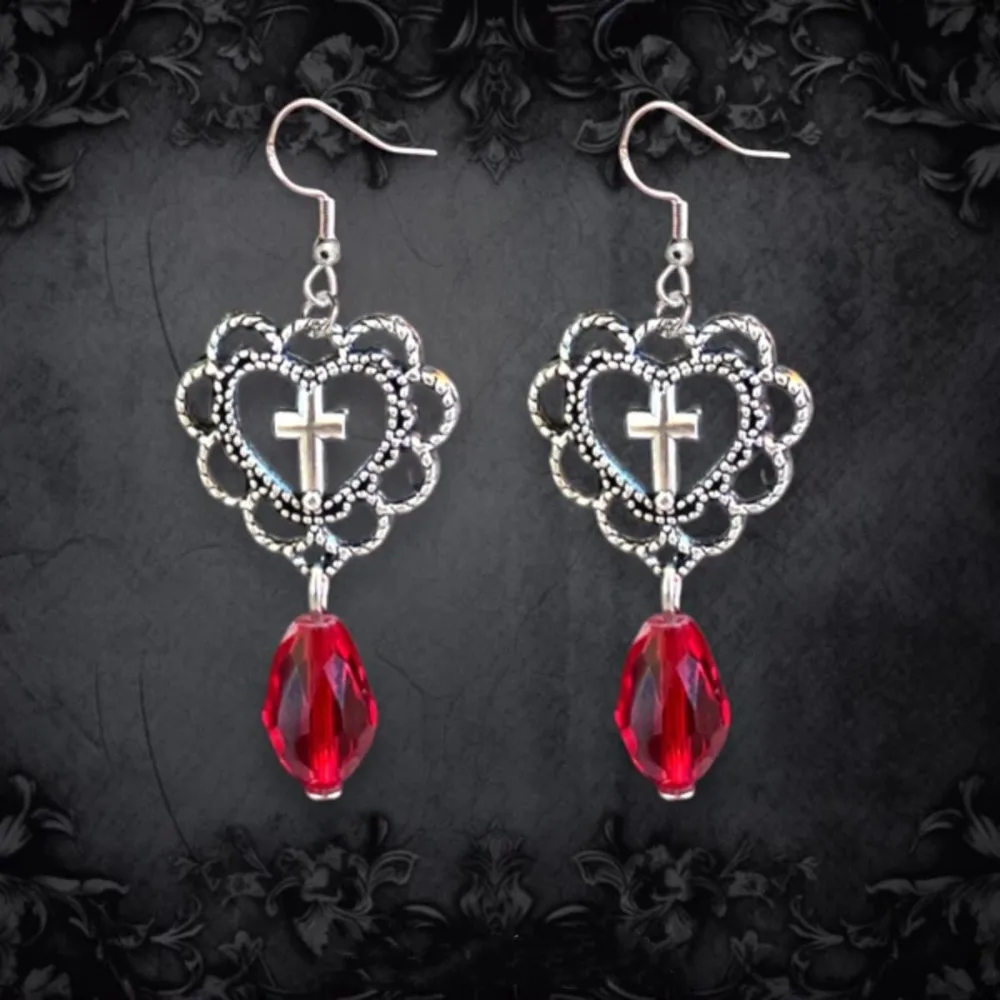 Gothic Ancient Silver Hollowed-out Heart-shaped Central Cross Red Black Crystal Pendant Necklace Earrings Set for Woman Jewelry