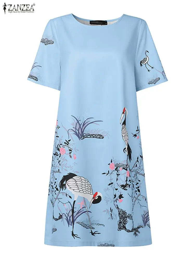 

Vintage Short Sleeve Mini Dress 2025 ZANZEA Elegant Floral Printed Office Work Sundress Fashion Loose Robe Femme Vestidos