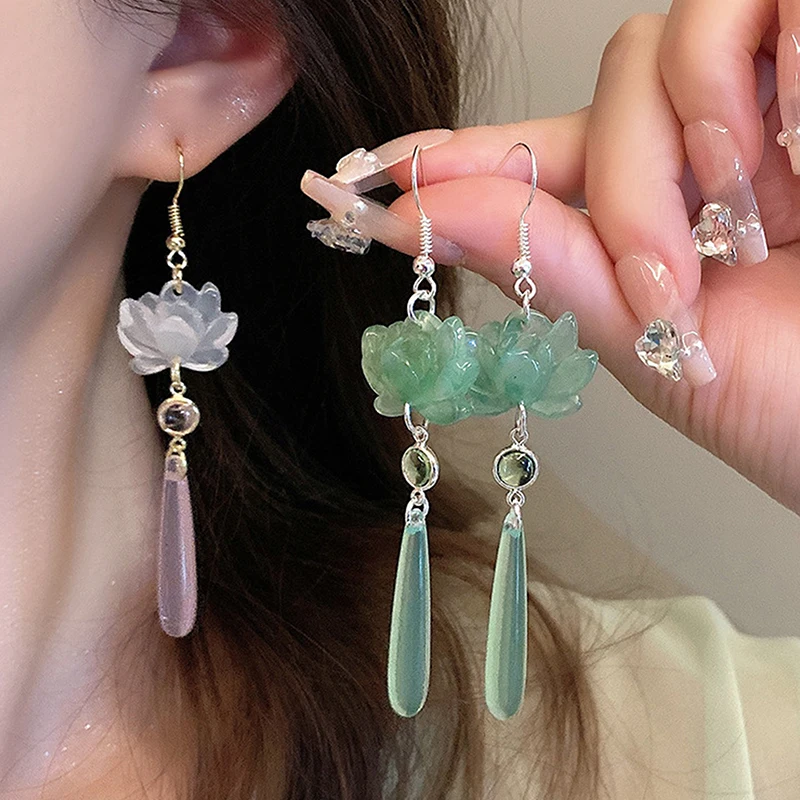 1Pair Chinese Style Lotus Pendant Tassel Earrings For Women Girls Classic Retro Elegant Long Drop Earrings Jewelry Gifts