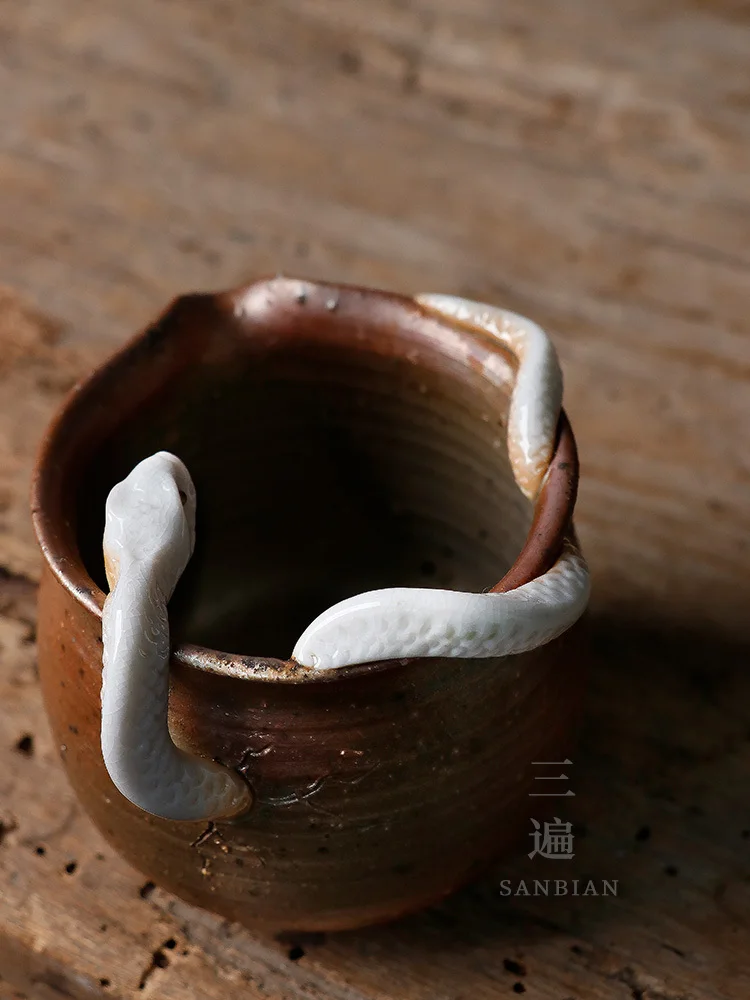 Handmade Wood Fired Snake Fair Cup, Rough Pottery, Kung Fu Tea Sea, Japanese Style Divider, Side Handle, Male Set,