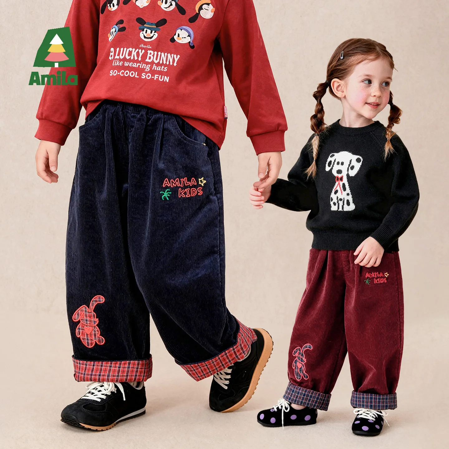 Amila 2026 Autumn New Kids Casual Pants Carrot Pants Plaid Turned Cuff Rabbit Applique Embroidery Fashion Daily Long Pants