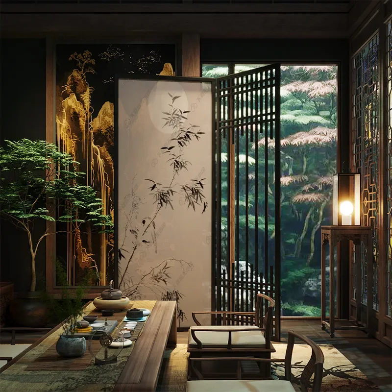 for Medieval Solid Wood Folding Screen Home Zen Bamboo Pattern Foldable Mobile Corner Decoration Living Room Balcony