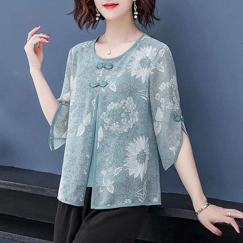 Elegant Commute Printed Spliced Fake Two Pieces T-shirt Summer New Fashion Women\'s Clothing Casual 3/4 Sleeve Round Neck Tops