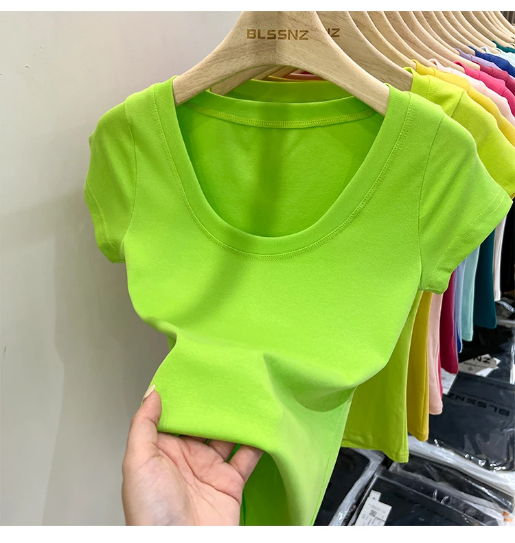 2026 Sexy Quadratischer Ausschnitt Slim T-Shirt Damen Baumwolle Elastisch Basic Einfarbig Lässige Oberteile Kurzarm Dünne T-Shirts Transparent – Detail 9