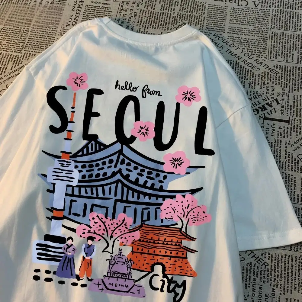 Camiseta con estampado de flor de cerezo estilo coreano, ropa de calle Harajuku, camiseta blanca unisex de moda, saludo desde la ciudad de Seúl