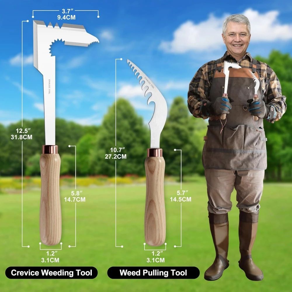 2-Pack Hand Crack Weeder Puller Tool Set - Made with Heat Treated Steel and Ash Wood Ergonomic Handles