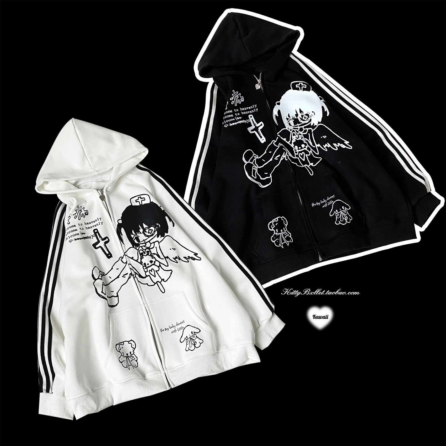 

Japanese Style Original Subculture Otaku Loose Mid-Length Hooded Jacket Cartoon Pattern Print Zipper Sweatshirt Anime Clothes
