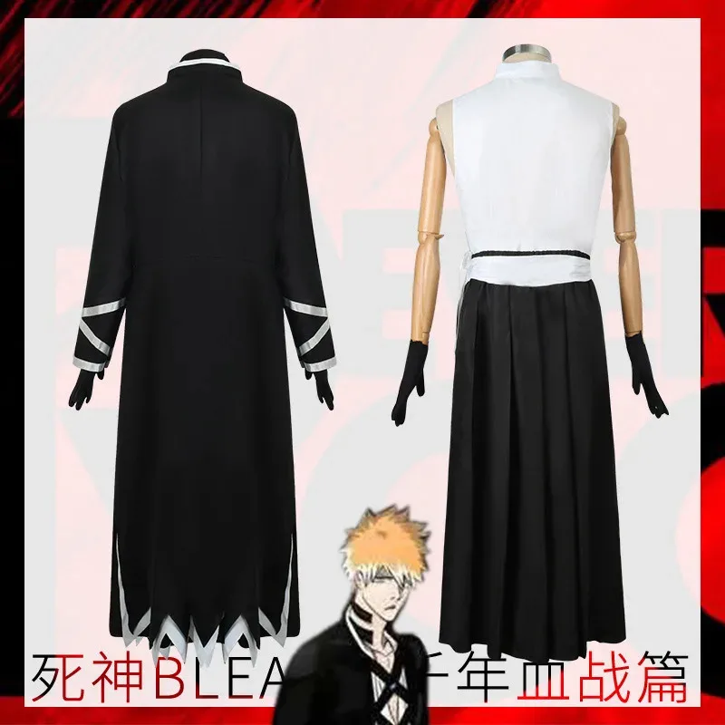 

aaa12 3Kurosaki Ichigo Mask Wig Anime BLEACH Cosplay Costume Black Kimono Outfit Halloween Role Play Uniform fo