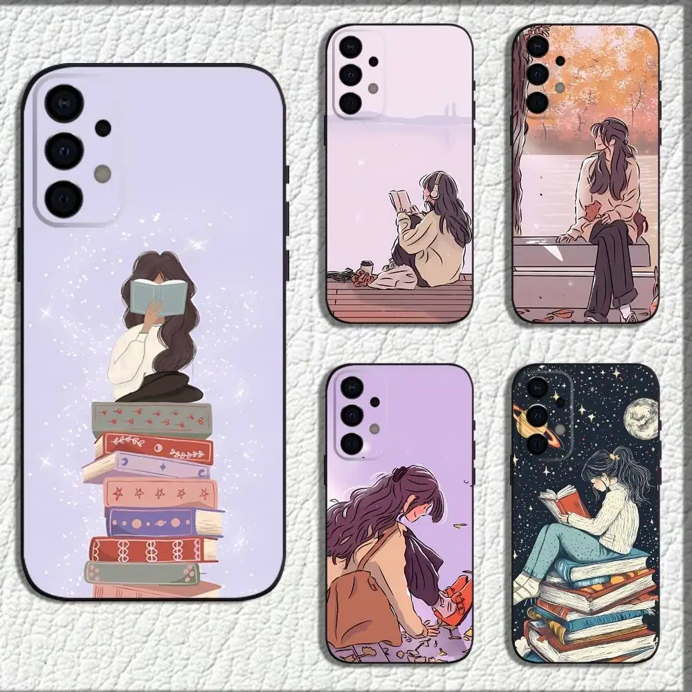 

Girl Book Landscape Phone Case For Samsung Galaxy A73,72,71,A52,51,40,41,A22,A32,31,A13,12,Note20 Soft Black Shell