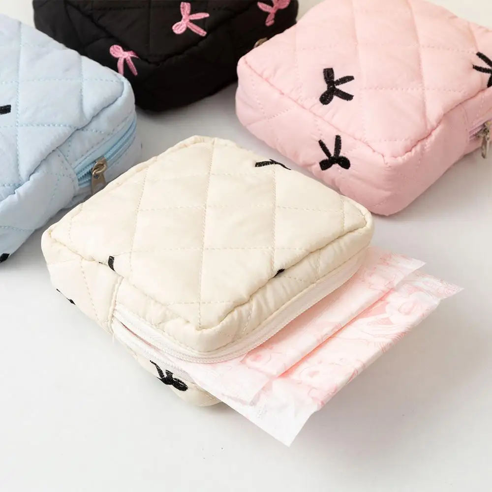 Cute Bow Sanitary Napkin Organizer Bag Quilted Cotton Small Makeup Bag Coquette Keychain Earphone Coin Purse