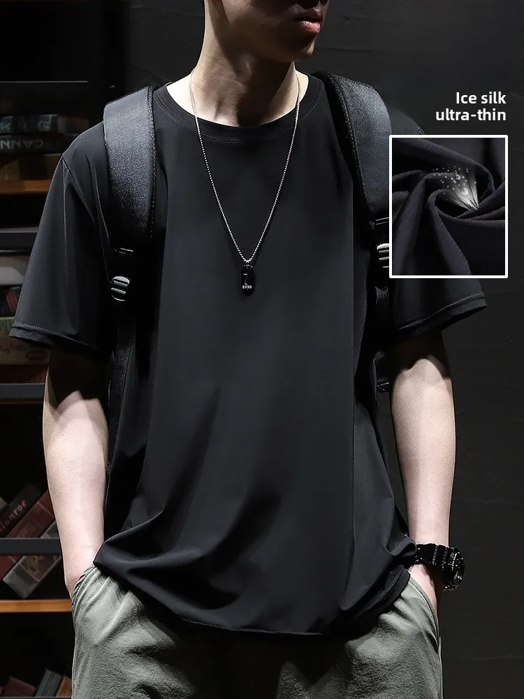 

Qui Dry Ice Silk Men's T-irt Large Size Loose Fit Ultra Thin Sport Fitn Cooling Breathable ort Sve Slim Fit Trend...