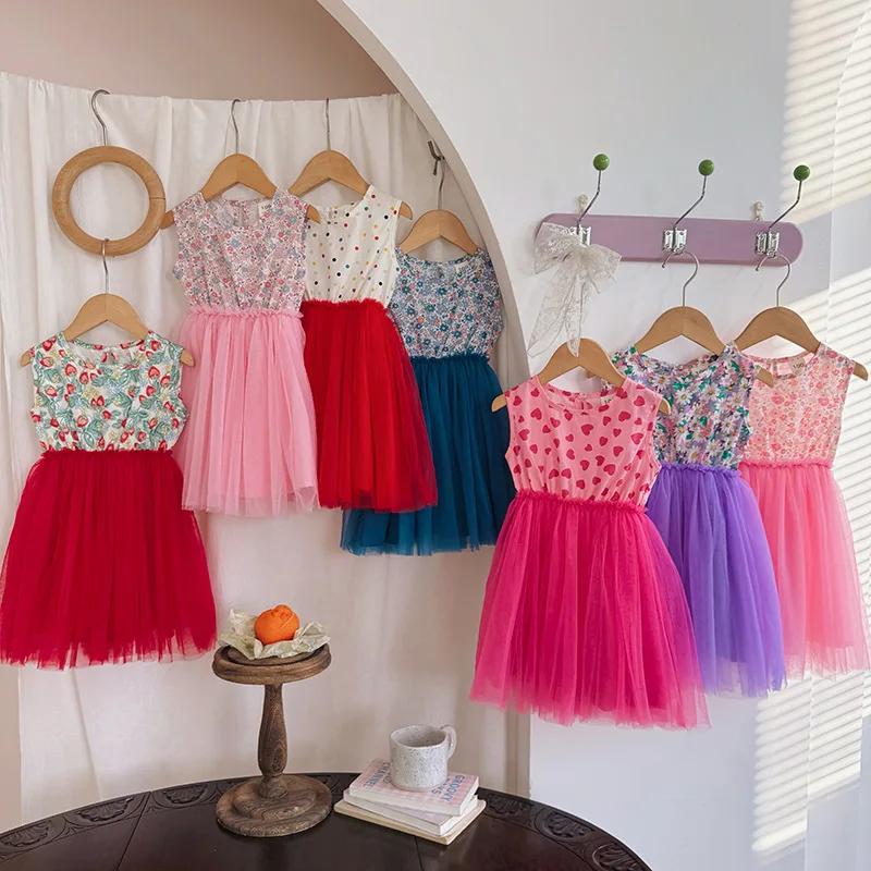 

Summer Floral Contrast Color Girls' Mesh Dress Round Neck Sleeveless Vest Dress Puff Dress