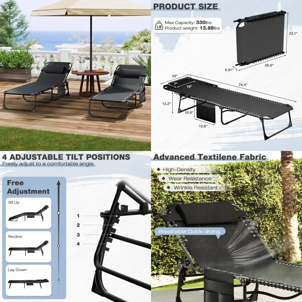 Juego de 2 sillas portátiles de bronceado para Patio, sillones reclinables para exteriores con respaldo y ajuste de 4 posiciones, tumbona para piscina