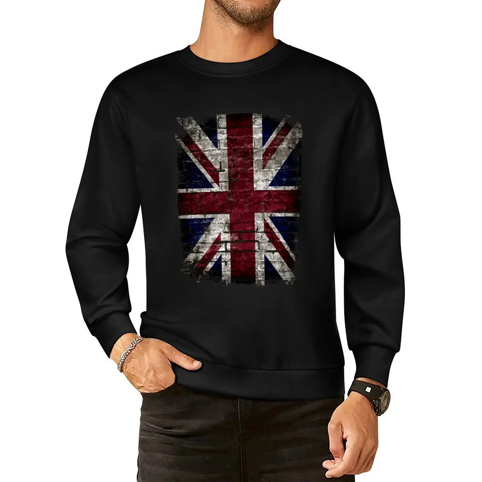 Grunge UK Flag, Great Britain, Punk Style Distressed Wall Pullover Hoodie male clothes anime clothing sweatshirts