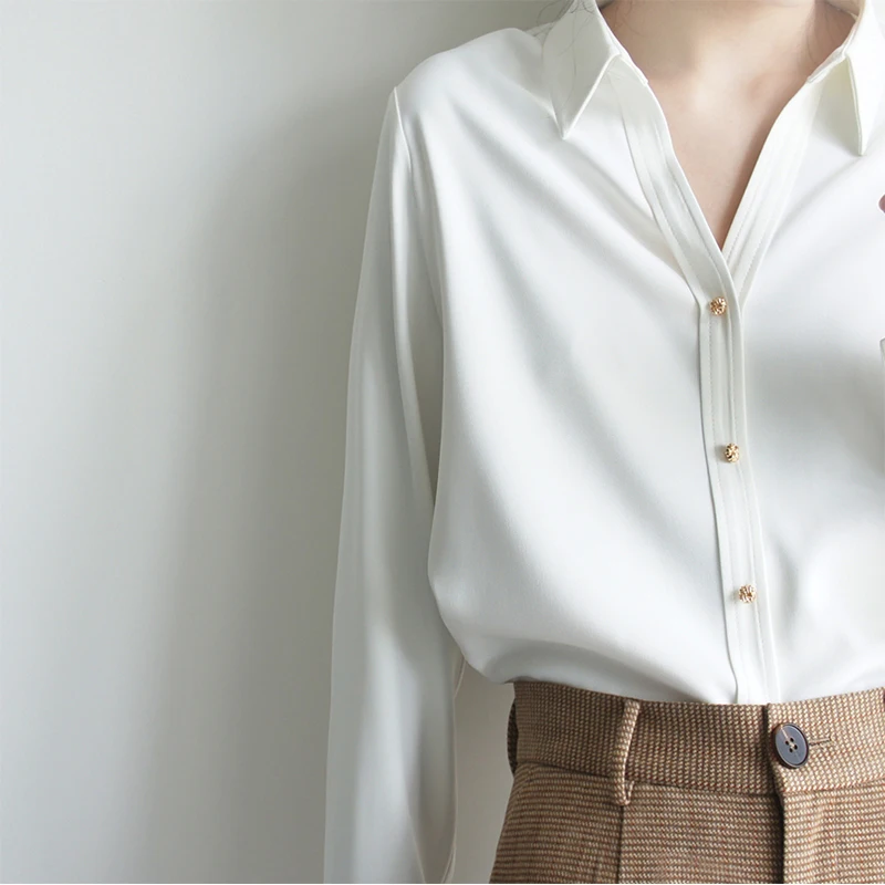 

Белая женская рубашка с длинным рукавом в винтажном корейском стиле, прямого кроя, с пуговицами, V-образным вырезом, премиум-качество