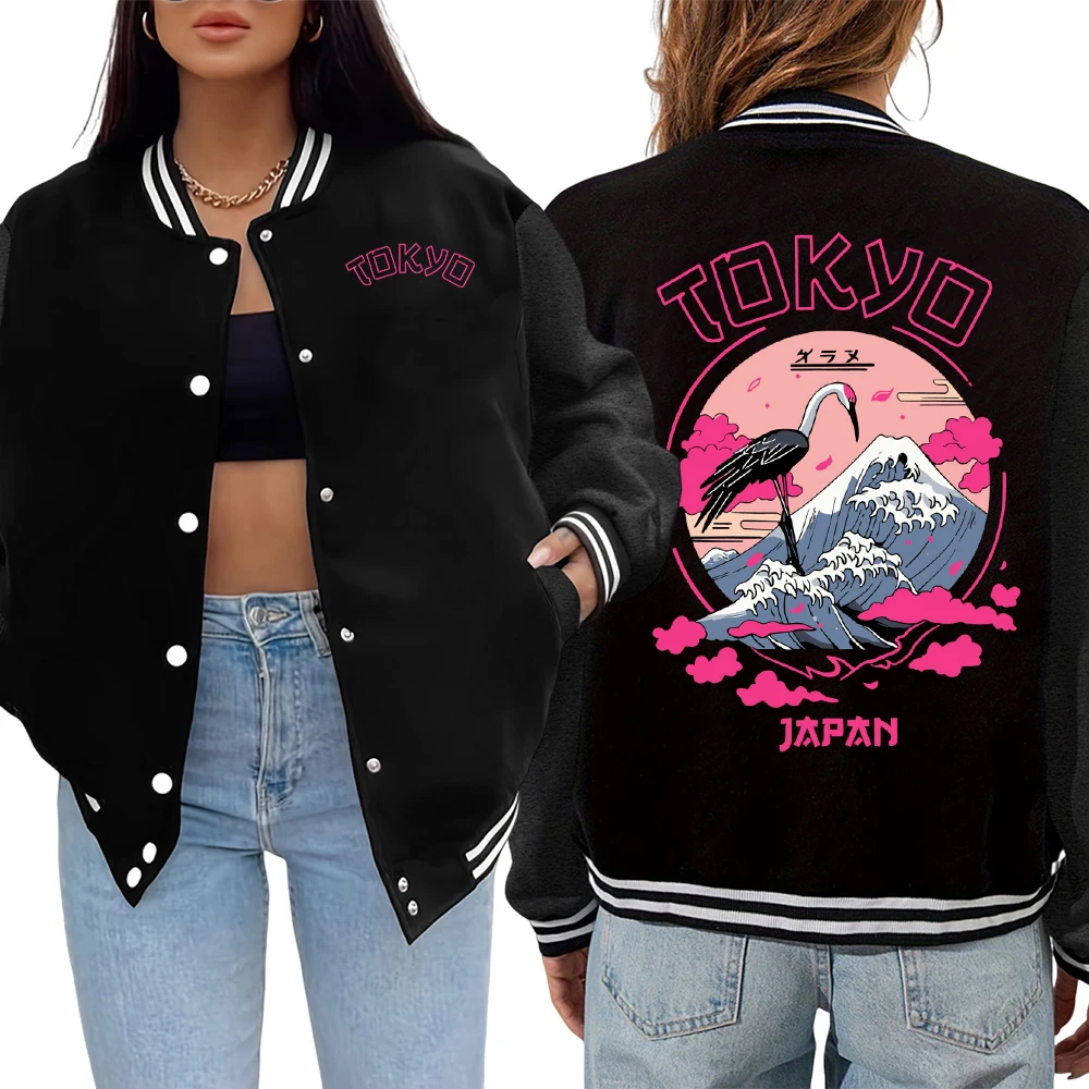 

Tokyo Japan Crane Waves Print Jacket Womens Soft Comfortable Sportswear Basic Harajuku Jackets Autumn Casual Clothes Woman