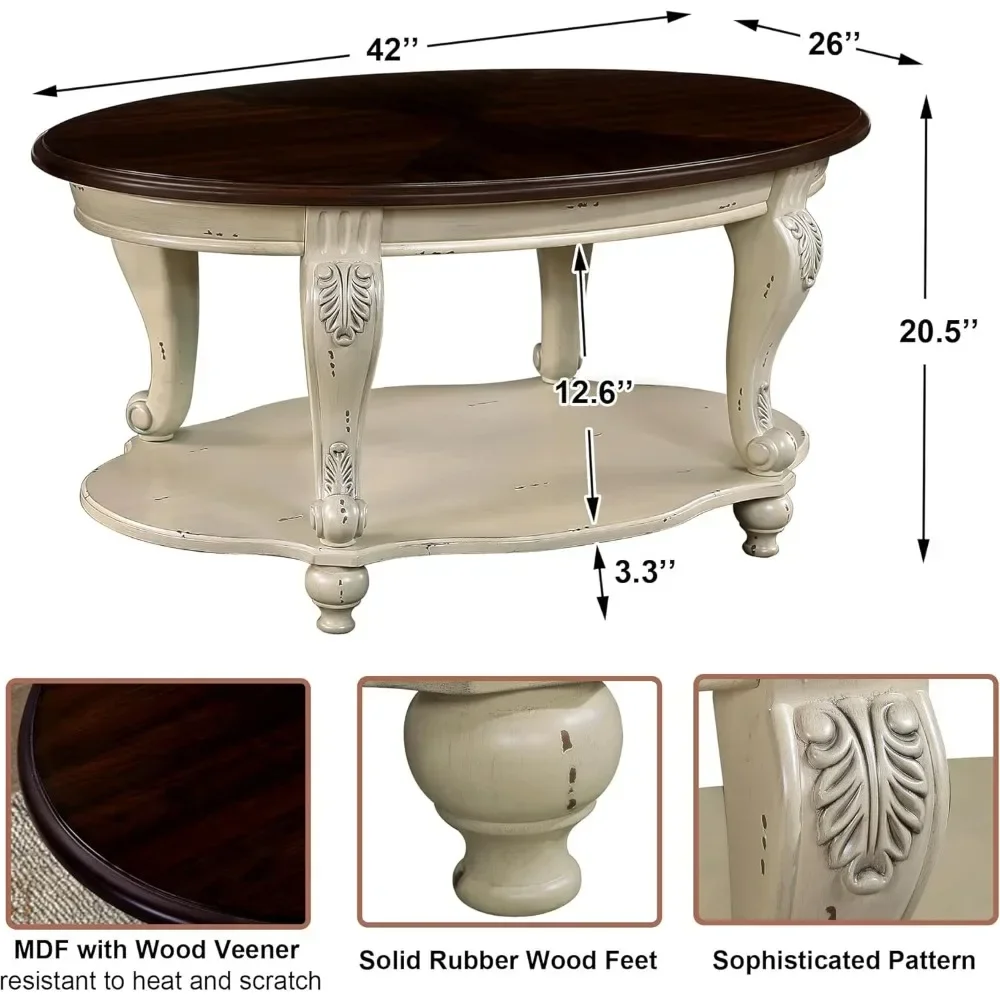 Traditional Vintage Wood Coffee Table 42-Inch Oval Cocktail Table Center Table with Storage Shelf for Living Room, Easy Assembly