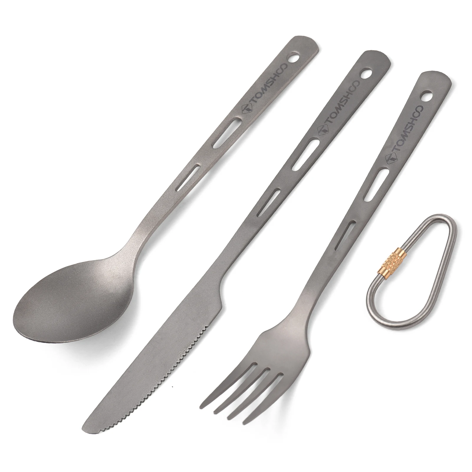 TOMSHOO Titanium 3PCS Cutlery Set Lightweight Spoon Fork Cutter with Carabiner and Drawstring Sack for Outdoor Camping Tableware