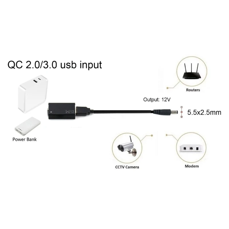 Kabel przejściowy USB Power Boost Line USB-A do DC9V / 12V QC3.0 2.5x5.5mm Wtyczka do głośnika routera WiFi 2.1x5.5mm