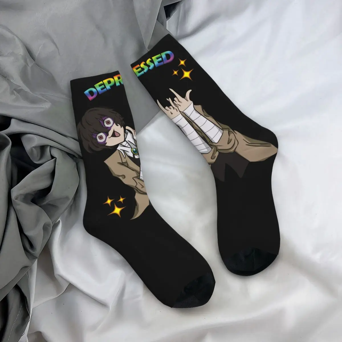 Funny compression Sock for Men Depressed Dazai Hip Hop Harajuku Bungou Stray Dogs Wan Anime Seamless Pattern Printed Crew Sock