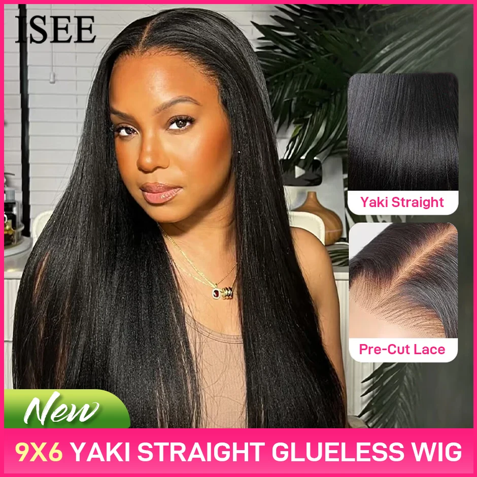 ISEE Hair 9X6 Yaki Straight Wigs Pre Bleached Glueless Wig Human Hair Ready Wear Wig M-Cap Pre Bleached Pre Cut Lace Wig