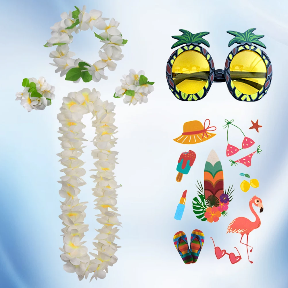 

6pcs Hawaiian Garland Set Artificial Flower Headband Necklace Bracelet Pineapple Eyeglasses Tattoos Stickers For Luau Party