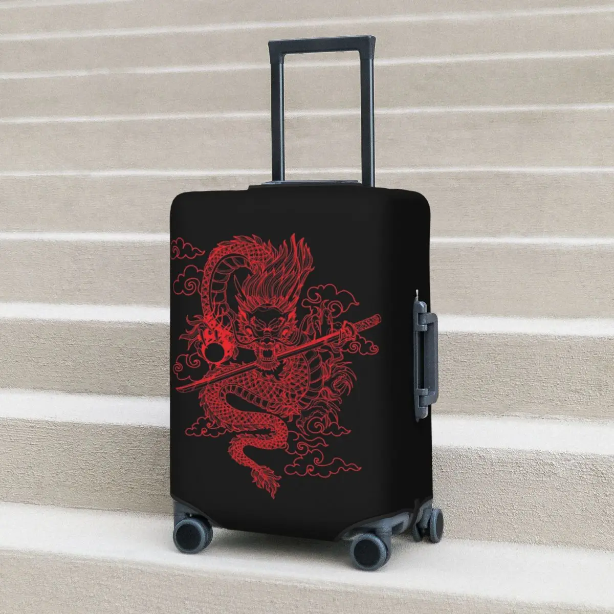 

Red Chinese Dragon With Black Background Suitcase Cover Protection Elastic Trip Luggage Protector Covers for 18-32 Inch